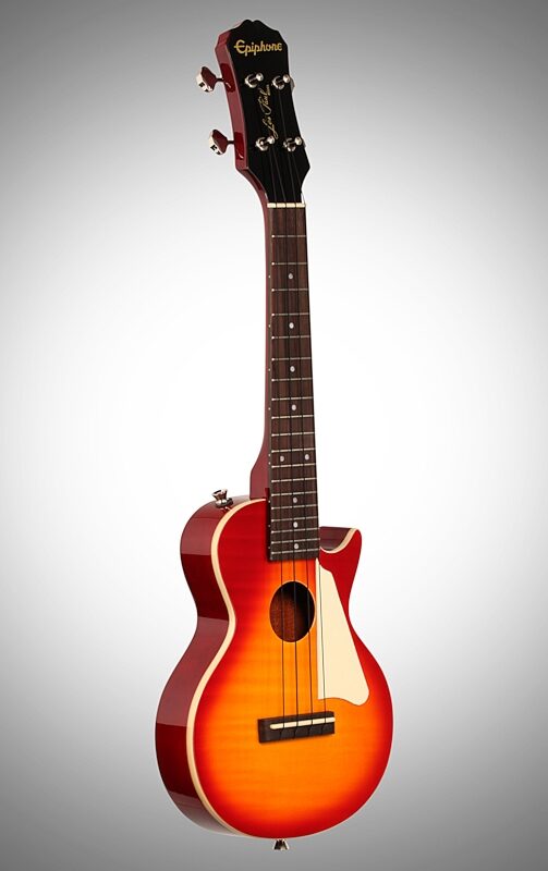 open zoom image for Epiphone Les Paul Acoustic-Electric Concert Ukulele with Gig Bag, Heritage Cherry Sunburst, Body Left Front