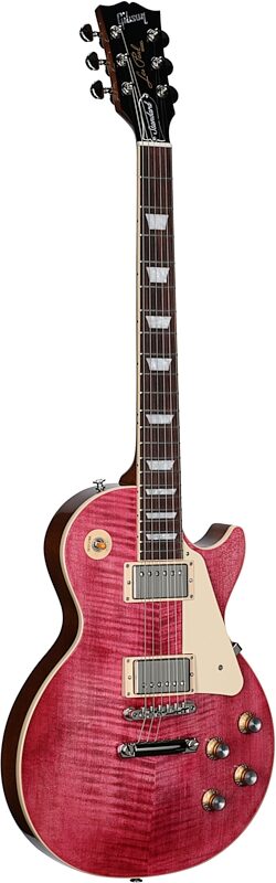 open zoom image for Gibson Les Paul Standard 60s Custom Color Electric Guitar, Figured Top (with Case), Transparent Fuchsia, Body Left Front