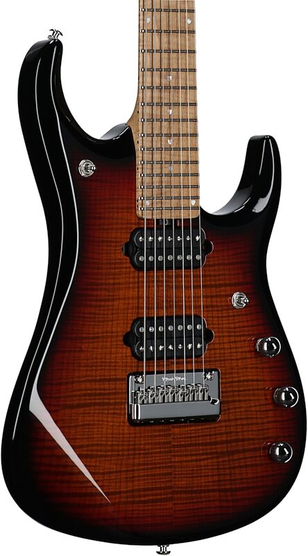 open zoom image for Ernie Ball Music Man John Petrucci JP15 7 Electric Guitar, 7-String (with Case), Tiger Eye Flame, Maple Fretboard, Serial Number K00774, Full Left Front