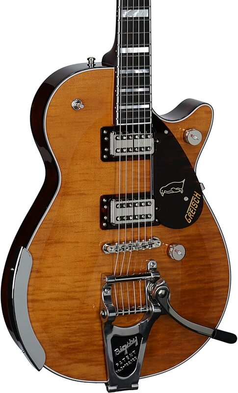 open zoom image for Gretsch G6134TFM-NH Nigel Hendroff Signature Penguin Electric Guitar (with Case), Penguin Amber, Serial Number JT23114426, Full Left Front
