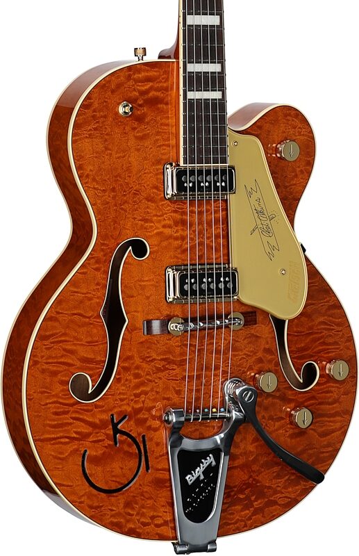 open zoom image for Gretsch G6120TGQM-56 Limited Edition Quilt Classic Hollow Body Electric Guitar (with Case), Roundup Orange Stain Lacquer, Serial Number JT24040949, Full Left Front