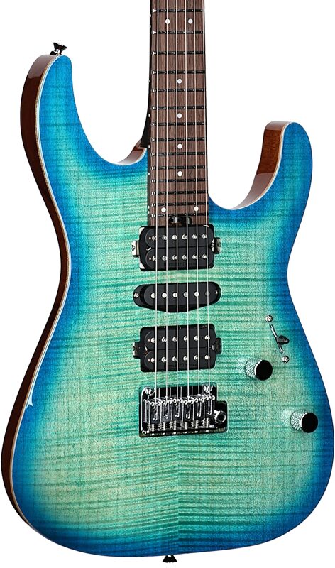 open zoom image for Charvel MJ DK24 HSH 2PT W Mahogany Electric Guitar (with Gig Bag), Flame Top Caribbean Burst, Serial Number JDC2400451, Full Left Front