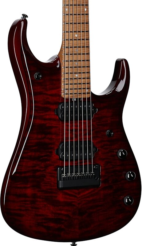 open zoom image for Ernie Ball Music Man John Petrucci JP15 7 Electric Guitar, 7-String (with Case), Red Tide Quilt, Maple Fretboard, Serial Number K07120, Full Left Front