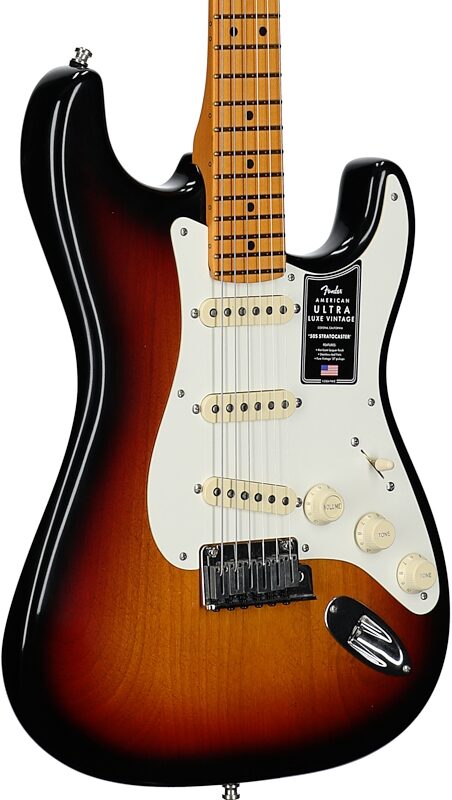 open zoom image for Fender American Ultra Luxe Vintage '50s Stratocaster Electric Guitar, with Maple Fingerboard (with Case), 3-Color Sunburst, Serial Number US25004588, Full Left Front