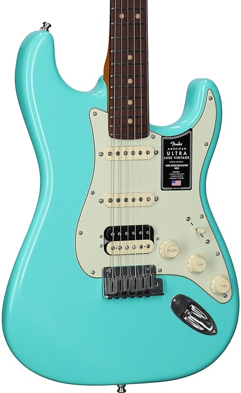 open zoom image for Fender American Ultra Luxe Vintage '60s Stratocaster HSS Electric Guitar, Rosewood Fingerboard, Seafoam Green, Serial Number US26000831, Full Left Front