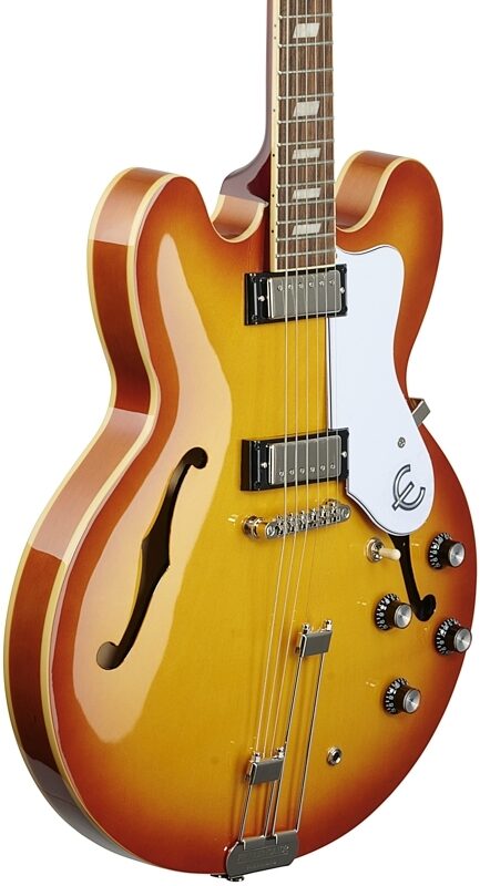 open zoom image for Epiphone Riviera Semi-Hollowbody Archtop Electric Guitar, Royal Tan, Full Left Front