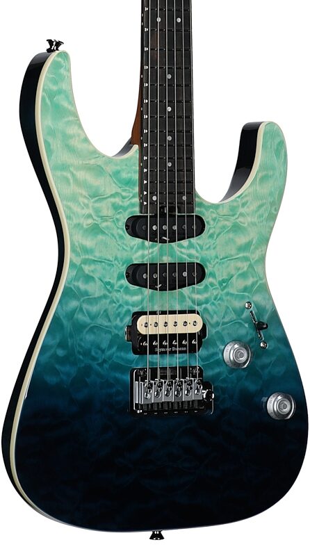 open zoom image for Charvel Pro-Mod Plus Dinky DK24 HSS 2PT QM Electric Guitar (with Gig Bag), Blue Curacao, Open Box (Very Good), Full Left Front