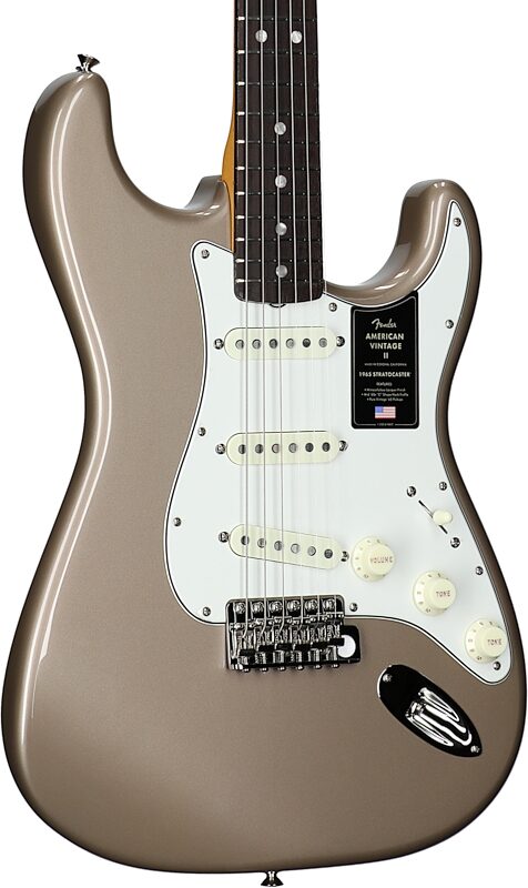 open zoom image for Fender American Vintage II 1965 Stratocaster Electric Guitar, Rosewood (with Case), Shoreline Gold, Open Box (Very Good), Full Left Front