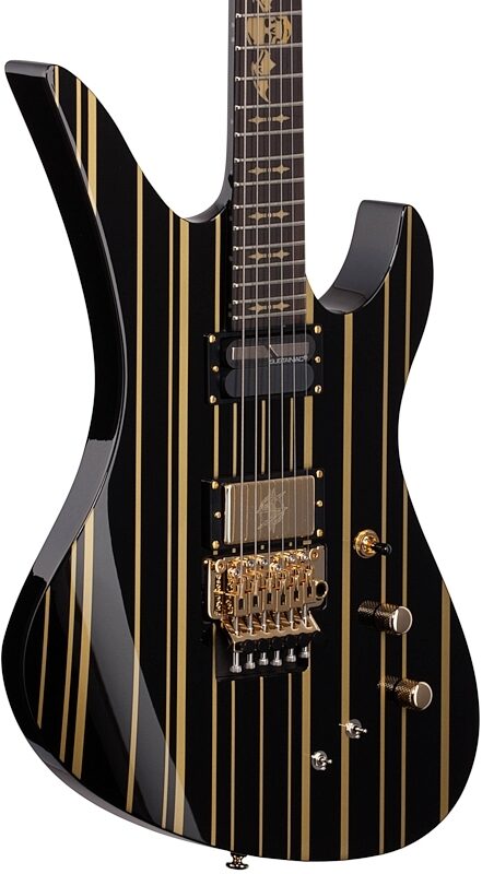 open zoom image for Schecter Synyster Gates Custom S Electric Guitar, Black with Gold Stripes, Full Left Front