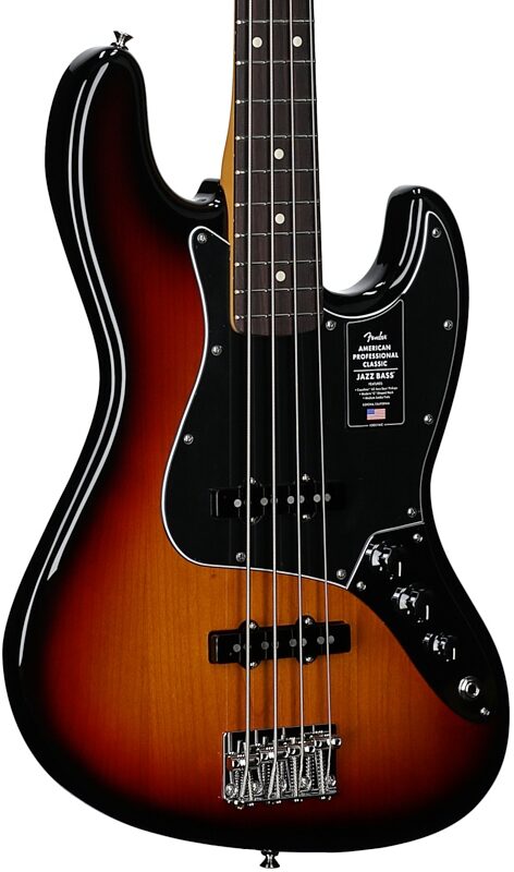 open zoom image for Fender American Professional Classic Jazz Electric Bass, Rosewood Fingerboard (with Gig Bag), 3-Color Sunburst, Full Left Front