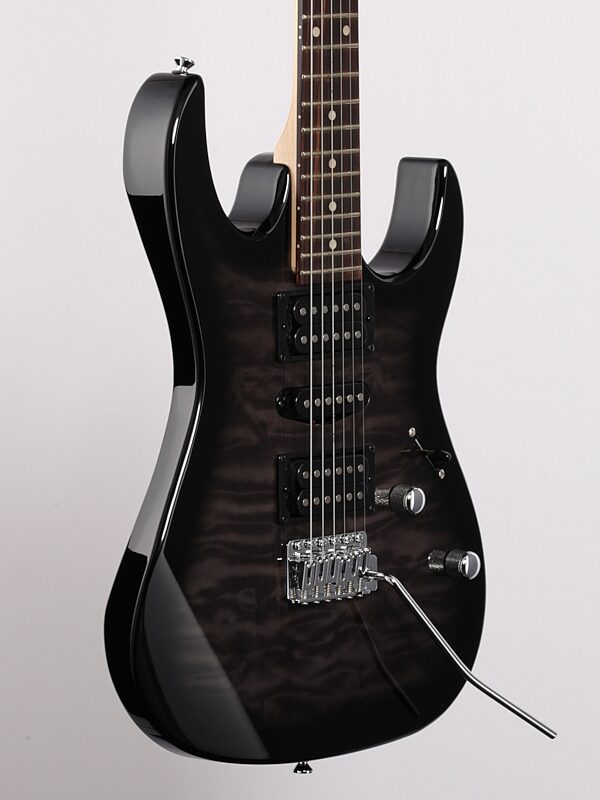 open zoom image for Ibanez GRX70QA Electric Guitar, Transparent Black Sunburst, Full Left Front