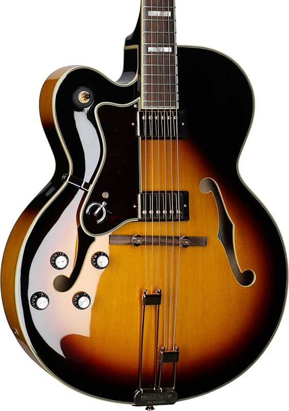 open zoom image for Epiphone Broadway Left-Handed Hollowbody Electric Guitar (with Gig Bag), Vintage Sunburst, Full Left Front