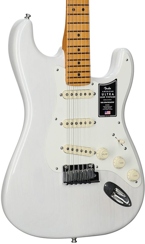 open zoom image for Fender American Ultra Luxe Vintage '50s Stratocaster Electric Guitar, with Maple Fingerboard (with Case), White Blonde, Full Left Front