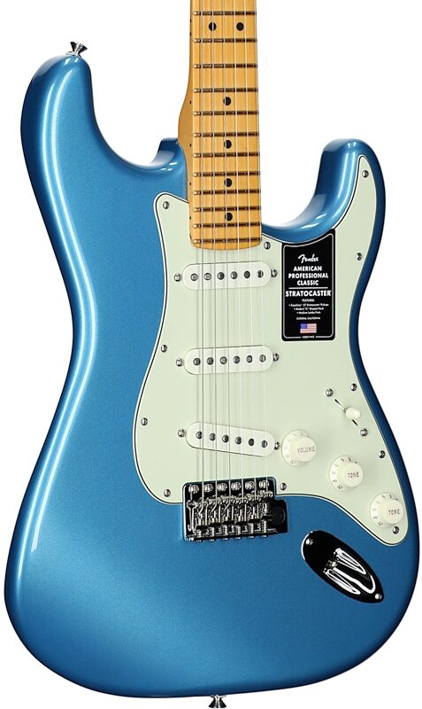 open zoom image for Fender American Professional Classic Stratocaster Electric Guitar, Maple Fingerboard (with Gig Bag), Faded Lake Placid Blue, Full Left Front