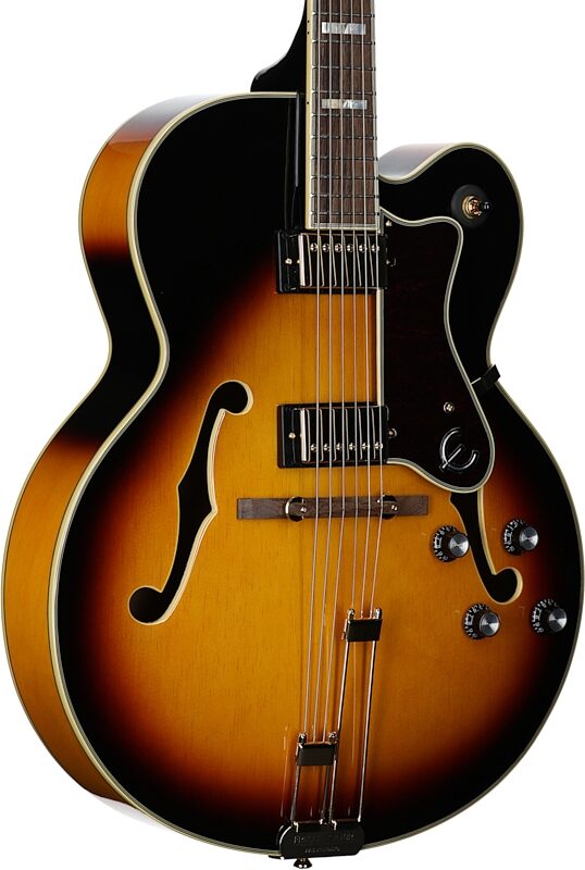 open zoom image for Epiphone Broadway Archtop Hollowbody Electric Guitar (with Gig Bag), Vintage Sunburst, Full Left Front