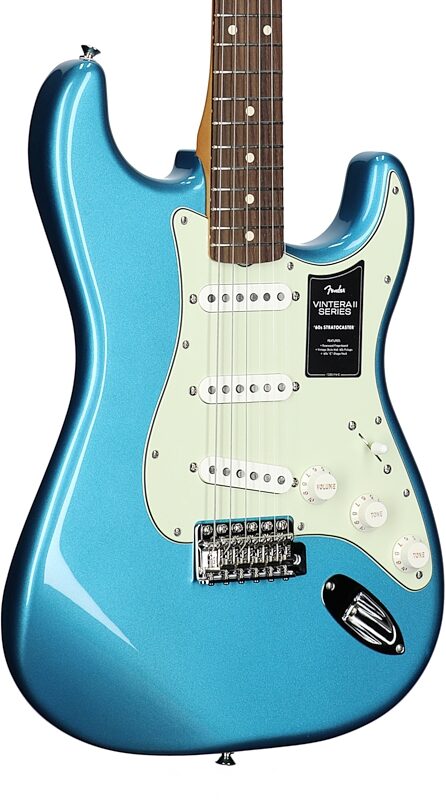 open zoom image for Fender Vintera II '60s Stratocaster Electric Guitar, Rosewood Fingerboard (with Gig Bag), Lake Placid Blue, Full Left Front