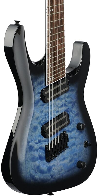 open zoom image for Jackson SLATX7Q X Soloist Arch Top Multi-Scale Electric Guitar, 7-String, Transparent Blue, Full Left Front