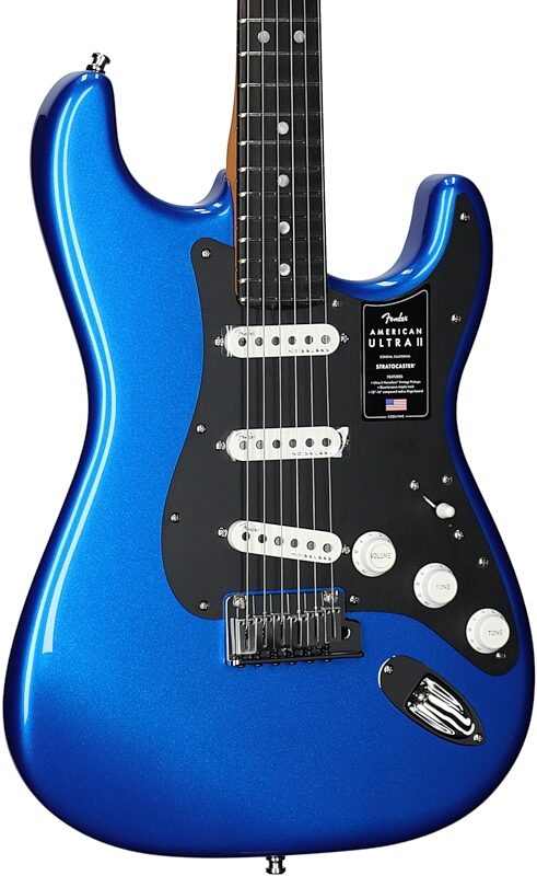 open zoom image for Fender American Ultra II Stratocaster Electric Guitar, Ebony Fingerboard (with Case), Noble Blue, Full Left Front