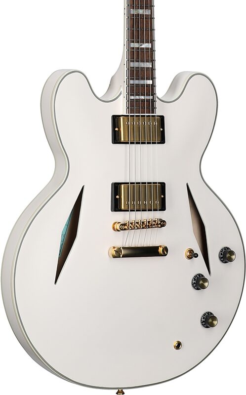 open zoom image for Epiphone Emily Wolfe White Wolfe Sheraton Electric Guitar (with Case), New, Full Left Front