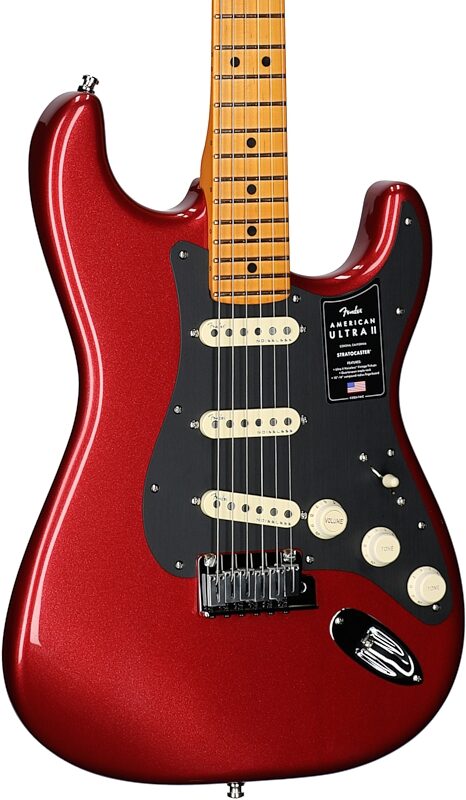 open zoom image for Fender American Ultra II Stratocaster Electric Guitar, Maple Fretboard (with Case), Sinister Red, Open Box (Very Good), Full Left Front