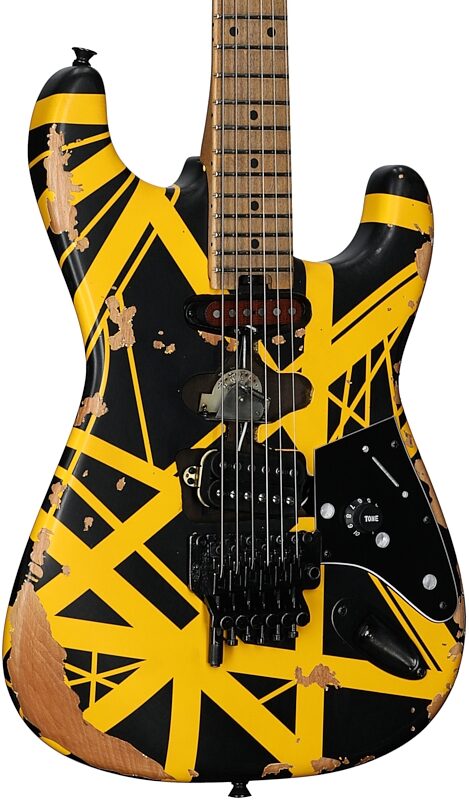 open zoom image for EVH Eddie Van Halen Limited Edition Striped Frankie Electric Guitar (with Gig Bag), Aged Black and Yellow Striped, Full Left Front