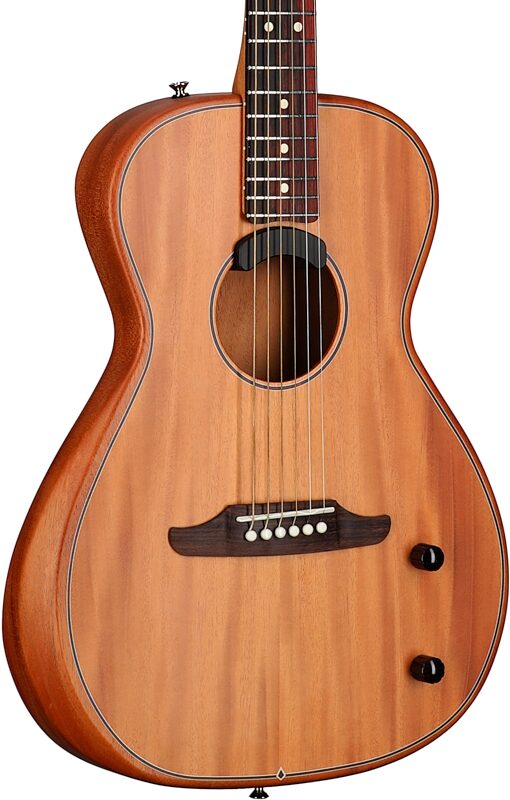 open zoom image for Fender Highway Parlor Thinline Acoustic-Electric Guitar (with Gig Bag), Natural, Solid Mahogany Top, Back, and Sides, Full Left Front