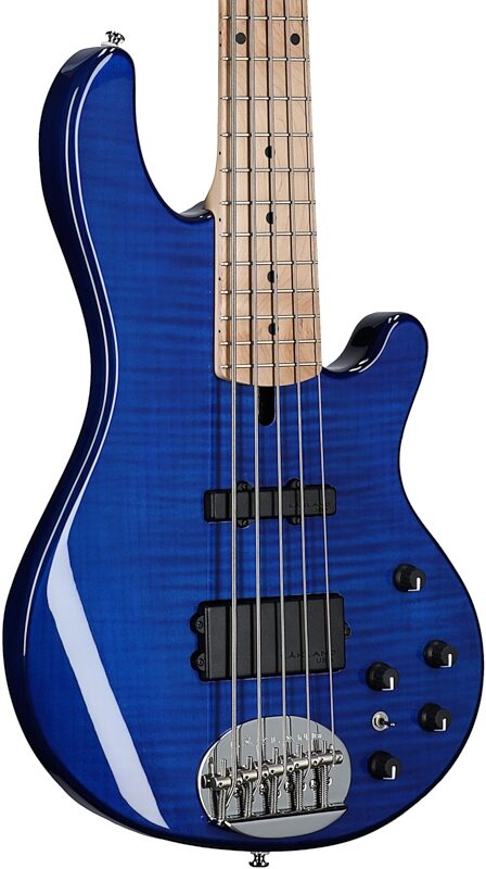 open zoom image for Lakland Skyline 55-02 Deluxe Flame Electric Bass, Transparent Blue, Full Left Front