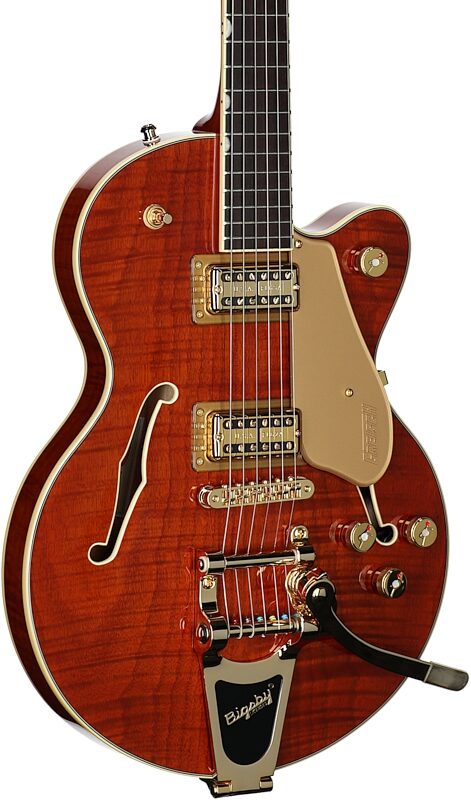 open zoom image for Gretsch Limited Edition Electromatic Broadkaster Center Block Jr. Electric Guitar, Flame Okoume, Full Left Front