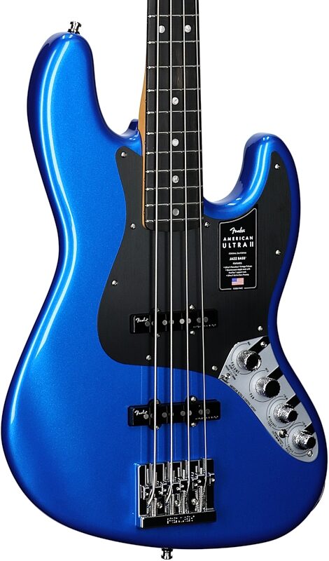 open zoom image for Fender American Ultra II Jazz Electric Bass, with Ebony Fingerboard (with Case), Noble Blue, Full Left Front