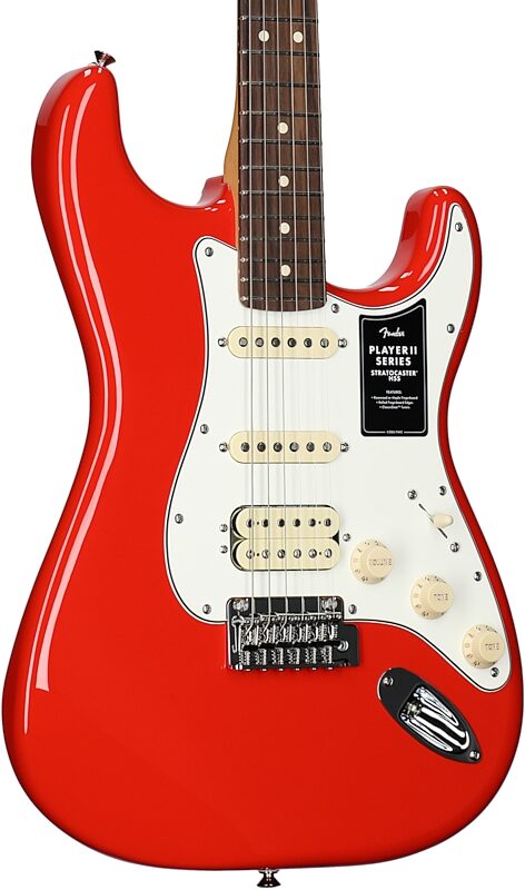 open zoom image for Fender Player II Stratocaster HSS Electric Guitar, with Rosewood Fingerboard, Coral Red, Full Left Front