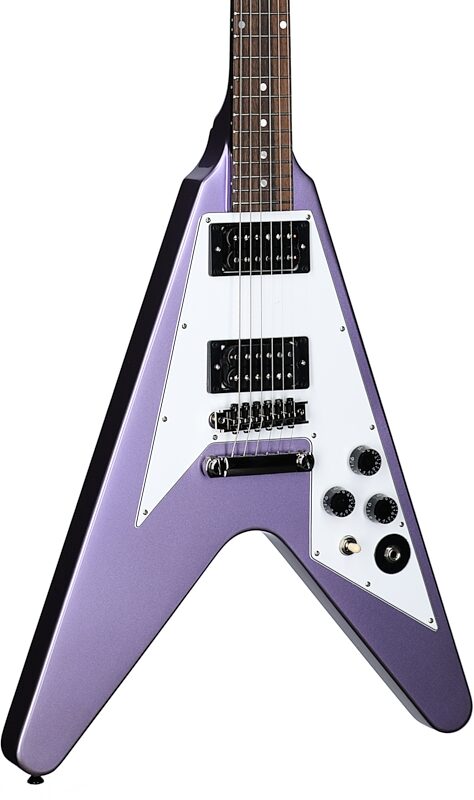 open zoom image for Epiphone Kirk Hammett 1979 Flying V Electric Guitar (with Hard Case), Purple Metallic, Full Left Front
