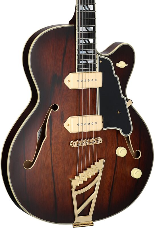 open zoom image for D'Angelico Deluxe 59 Hollowbody Electric Guitar, Satin Brown Burst, Full Left Front