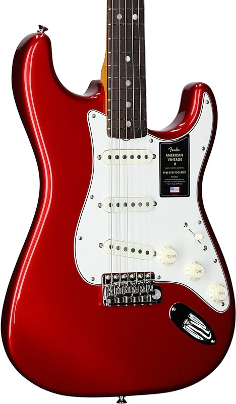 open zoom image for Fender American Vintage II 1965 Stratocaster Electric Guitar, Rosewood (with Case), Candy Apple Red, Full Left Front
