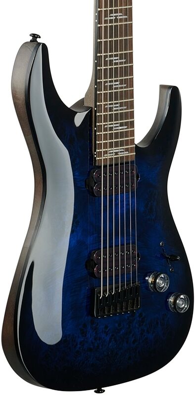 open zoom image for Schecter Omen Elite-7 Electric Guitar, 7-String, See-Thru Blue Burst, Full Left Front