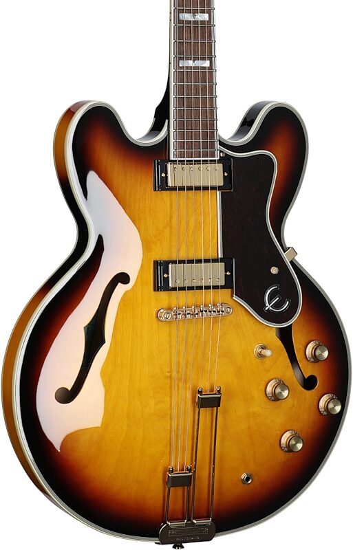 open zoom image for Epiphone Sheraton Semi-Hollowbody Electric Guitar (with Gig Bag), Vintage Sunburst, with Gold Hardware, Open Box (Very Good), Full Left Front