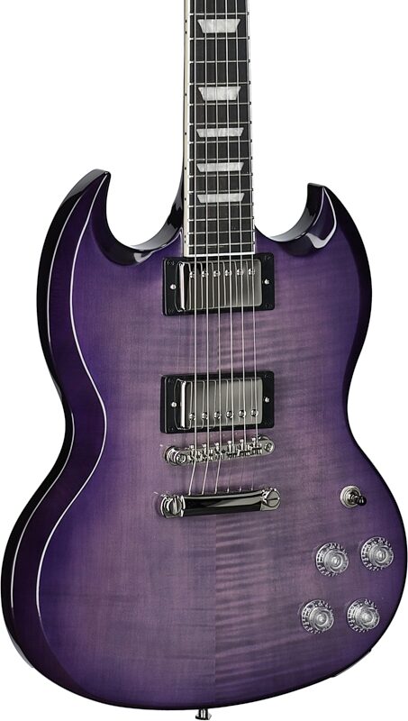 open zoom image for Epiphone SG Modern Figured Electric Guitar, Purple Burst, with Gig Bag, Full Left Front