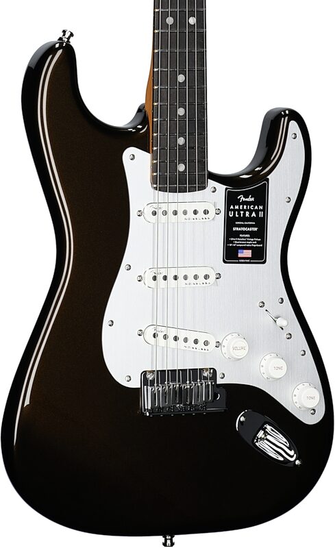 open zoom image for Fender American Ultra II Stratocaster Electric Guitar, Ebony Fingerboard (with Case), Texas Tea, Full Left Front