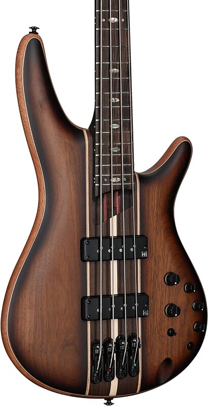 open zoom image for Ibanez SR1350B Premium Electric Bass (with Gig Bag), Dual Mocha Burl, Full Left Front
