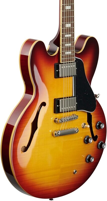open zoom image for Epiphone ES-335 Figured Semi-Hollowbody Electric Guitar, Raspberry Tea Burst, Full Left Front