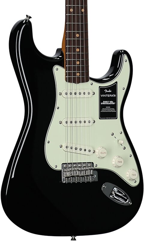 open zoom image for Fender Vintera III Early 60s Stratocaster Electric Guitar (with Gig Bag), Black, Rosewood Fretboard, Full Left Front