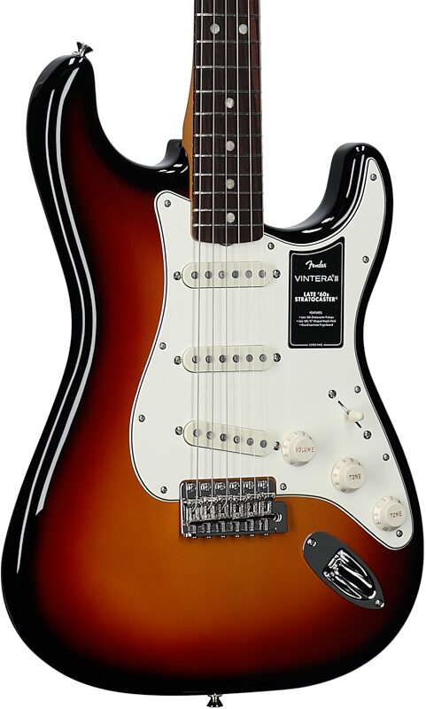 open zoom image for Fender Vintera III Late 60s Stratocaster Electric Guitar (with Gig Bag), 3-Color Sunburst, Rosewood Fretboard, Full Left Front