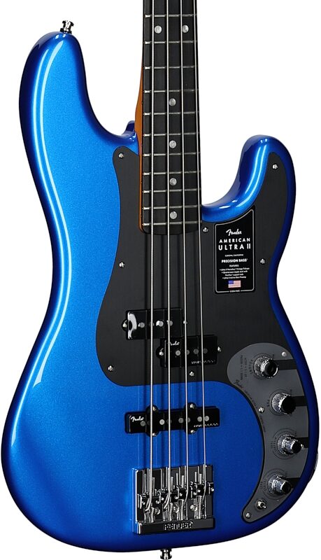 open zoom image for Fender American Ultra II Precision Electric Bass, Ebony Fingerboard (with Case), Noble Blue, Full Left Front