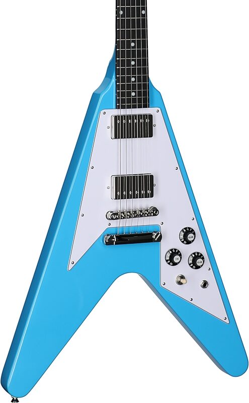open zoom image for Epiphone Inspired by Gibson Flying V '70s Electric Guitar (with Gig Bag), Maui Blue, Full Left Front