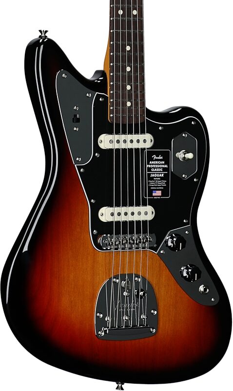 open zoom image for Fender American Professional Classic Jaguar Electric Guitar, Rosewood Fingerboard (with Gig Bag), 3-Color Sunburst, Full Left Front