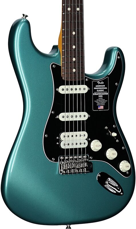 open zoom image for Fender American Professional Classic Stratocaster HSS Electric Guitar, Rosewood Fingerboard (with Gig Bag), Sherwood Green, Full Left Front