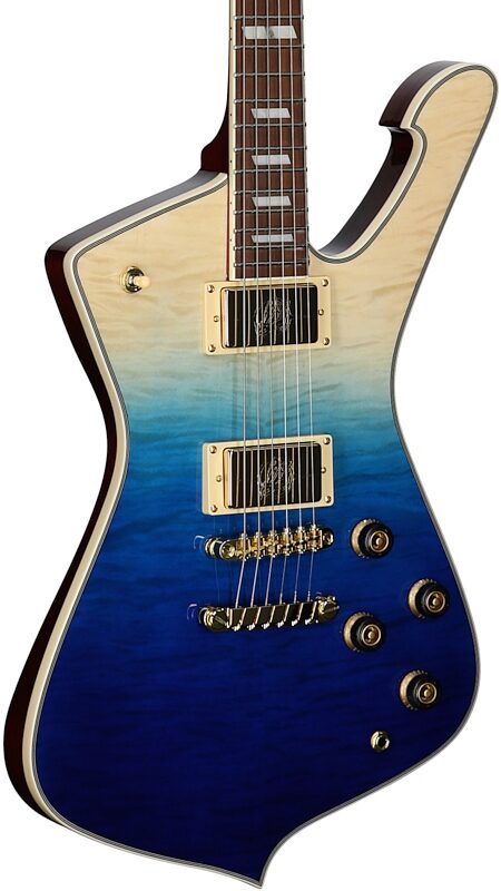 open zoom image for Ibanez IC420FM Iceman Electric Guitar (with Gig Bag), Transparent Blue Gradient, Full Left Front