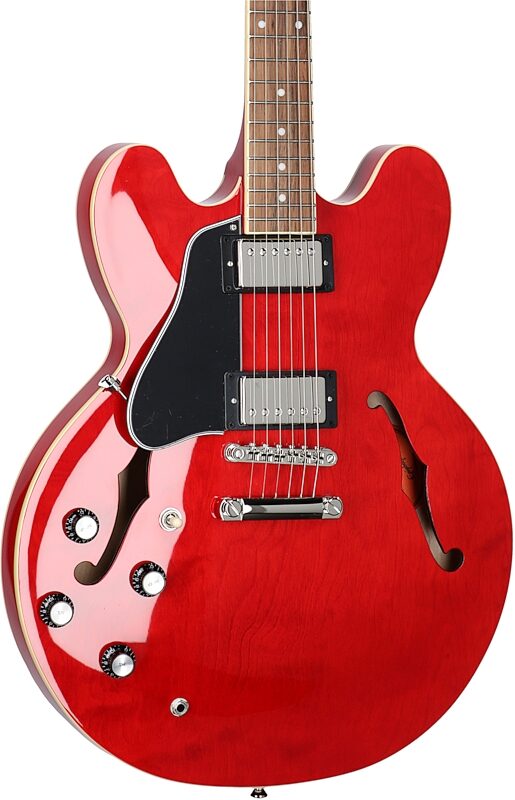 open zoom image for Epiphone ES-335 Electric Guitar, Left-Handed, Cherry, Full Left Front