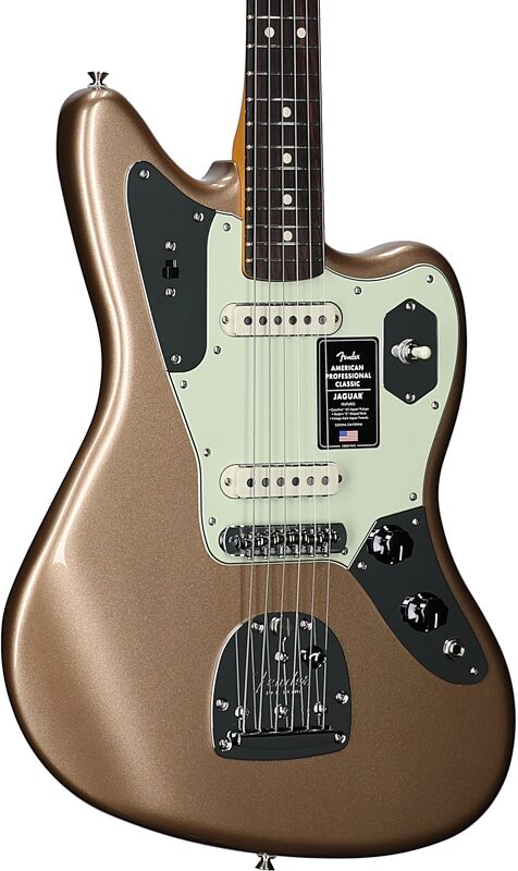open zoom image for Fender American Professional Classic Jaguar Electric Guitar, Rosewood Fingerboard (with Gig Bag), Firemist Gold, Full Left Front