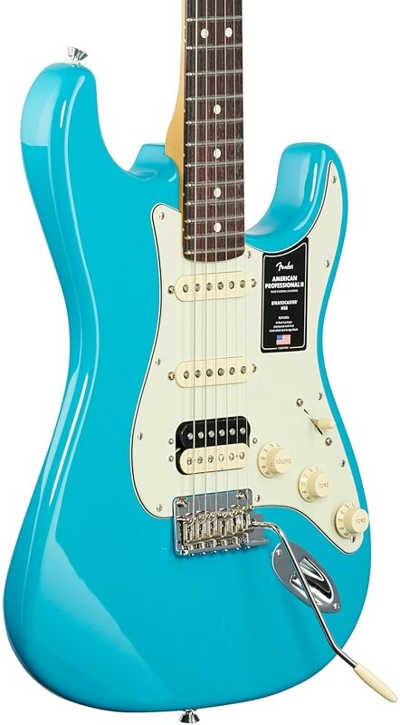 open zoom image for Fender American Pro II HSS Stratocaster Electric Guitar, Rosewood Fingerboard (with Case), Miami Blue, Full Left Front