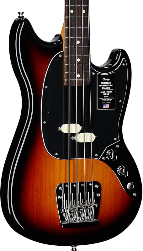open zoom image for Fender American Professional Classic Mustang Electric Bass, Rosewood Fingerboard (with Gig Bag), 3-Color Sunburst, Full Left Front